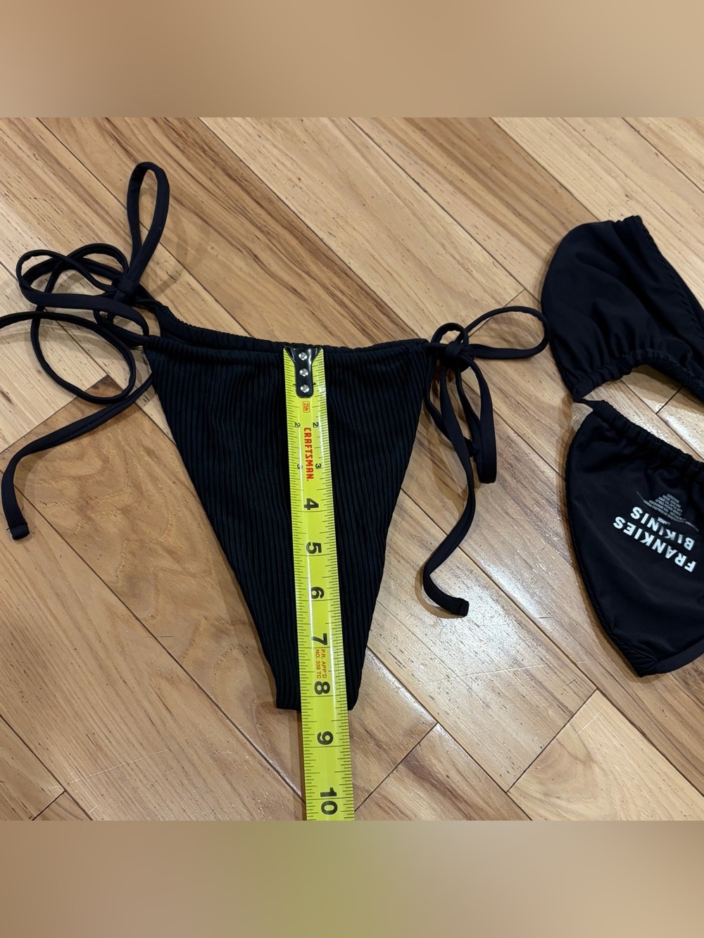 Frankies Bikinis Tia Triangle Skimpy Tie Ribbed String Black Bikini Swimsuit - Picture 5 of 5